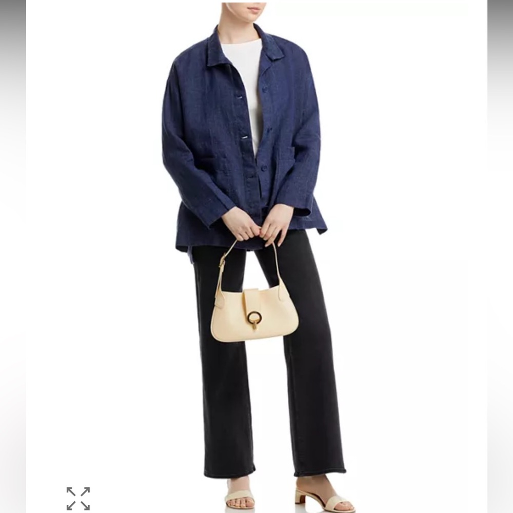 Eileen Fisher Washed Organic Linen Delave Classic Collar Jacket shirt navy blue